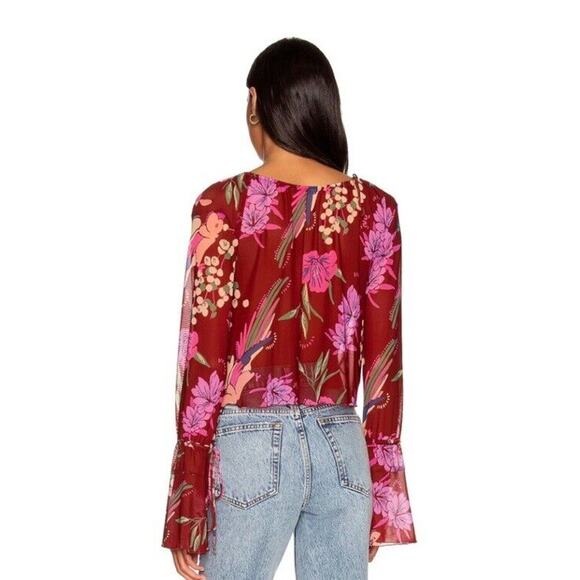 Free People Piece of Paradise Bell Sleeve Floral Mesh V-Neck Blouse Large New e3 - Picture 4 of 15